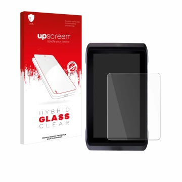 Parte frontal de un envase de producto con el logotipo de la marca upscreen. Al lado se muestra el dispositivo Atomos Shogun 7