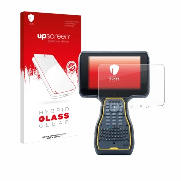 Parte frontal de un envase de producto con el logotipo de la marca upscreen. Al lado se muestra el dispositivo Trimble TSC7 Co