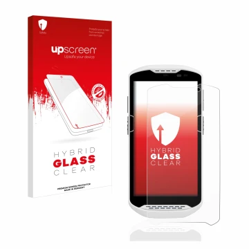 Parte frontal de un envase de producto con el logotipo de la marca upscreen. Al lado se muestra el dispositivo Zebra TC57 con 