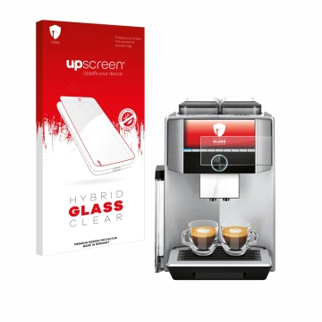 Parte frontal de un envase de producto con el logotipo de la marca upscreen. Al lado se muestra el dispositivo Siemens EQ.9 pl