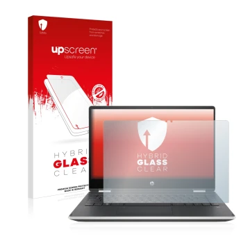 Parte frontal de un envase de producto con el logotipo de la marca upscreen. Al lado se muestra el dispositivo HP Pavilion x36