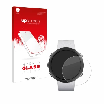 Parte frontal de un envase de producto con el logotipo de la marca upscreen. Al lado se muestra el dispositivo Garmin Swim 2 c