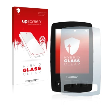 Parte frontal de un envase de producto con el logotipo de la marca upscreen. Al lado se muestra el dispositivo TwoNav Trail 2 