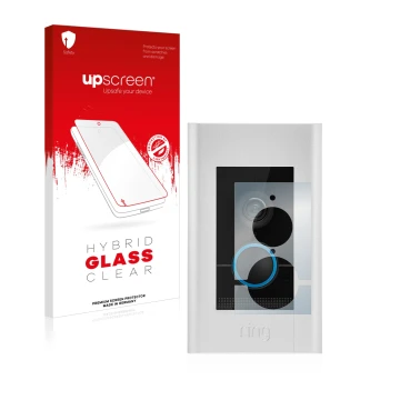 Parte frontal de un envase de producto con el logotipo de la marca upscreen. Al lado se muestra el dispositivo Ring Video Door