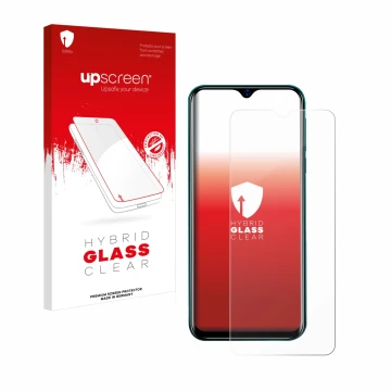 Parte frontal de un envase de producto con el logotipo de la marca upscreen. Al lado se muestra el dispositivo Blackview A60 c