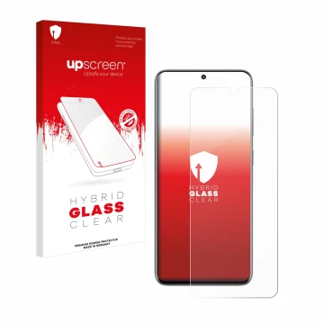 Parte frontal de un envase de producto con el logotipo de la marca upscreen. Al lado se muestra el dispositivo Samsung Galaxy 