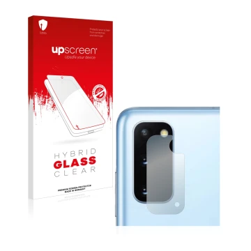 Parte frontal de un envase de producto con el logotipo de la marca upscreen. Al lado se muestra el dispositivo Samsung Galaxy 