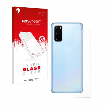 Parte frontal de un envase de producto con el logotipo de la marca upscreen. Al lado se muestra el dispositivo Samsung Galaxy 