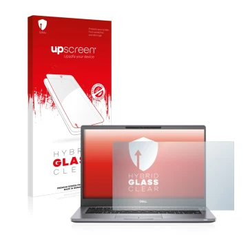 Parte frontal de un envase de producto con el logotipo de la marca upscreen. Al lado se muestra el dispositivo Dell Latitude 7