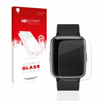 Parte frontal de un envase de producto con el logotipo de la marca upscreen. Al lado se muestra el dispositivo Letsfit Fitness