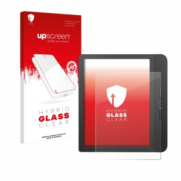 Parte frontal de un envase de producto con el logotipo de la marca upscreen. Al lado se muestra el dispositivo Tolino Vision 5