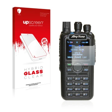 Parte frontal de un envase de producto con el logotipo de la marca upscreen. Al lado se muestra el dispositivo AnyTone AT-D878
