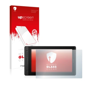 Parte frontal de un envase de producto con el logotipo de la marca upscreen. Al lado se muestra el dispositivo Huion Kamvas Pr