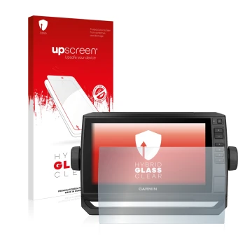 Parte frontal de un envase de producto con el logotipo de la marca upscreen. Al lado se muestra el dispositivo Garmin ECHOMAP 