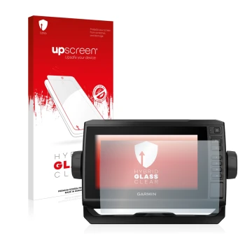 Parte frontal de un envase de producto con el logotipo de la marca upscreen. Al lado se muestra el dispositivo Garmin ECHOMAP 