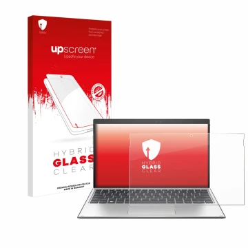 Parte frontal de un envase de producto con el logotipo de la marca upscreen. Al lado se muestra el dispositivo HP Elite x2 G4 