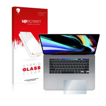 Parte frontal de un envase de producto con el logotipo de la marca upscreen. Al lado se muestra el dispositivo Apple MacBook P