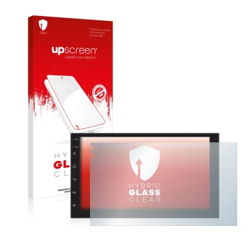 Parte frontal de un envase de producto con el logotipo de la marca upscreen. Al lado se muestra el dispositivo Phonocar MediaS