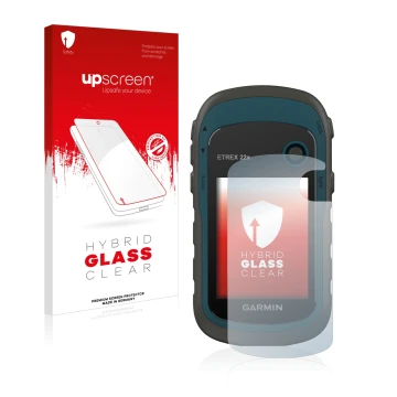 Parte frontal de un envase de producto con el logotipo de la marca upscreen. Al lado se muestra el dispositivo Garmin eTrex 22