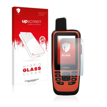 Parte frontal de un envase de producto con el logotipo de la marca upscreen. Al lado se muestra el dispositivo Garmin GPSMAP 8