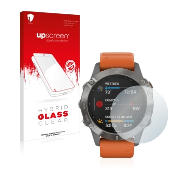 Parte frontal de un envase de producto con el logotipo de la marca upscreen. Al lado se muestra el dispositivo Garmin Fenix 6 