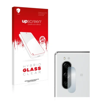 Parte frontal de un envase de producto con el logotipo de la marca upscreen. Al lado se muestra el dispositivo Sony Xperia 5 (