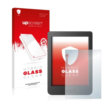 Parte frontal de un envase de producto con el logotipo de la marca upscreen. Al lado se muestra el dispositivo Tolino Page 2 c