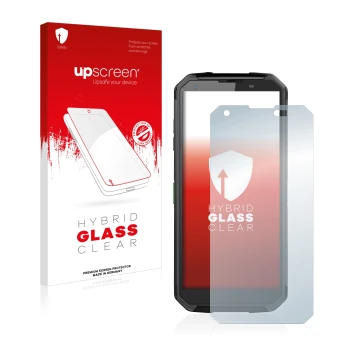 Parte frontal de un envase de producto con el logotipo de la marca upscreen. Al lado se muestra el dispositivo Blackview BV950