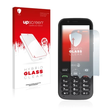 Parte frontal de un envase de producto con el logotipo de la marca upscreen. Al lado se muestra el dispositivo Doro 7010 con s