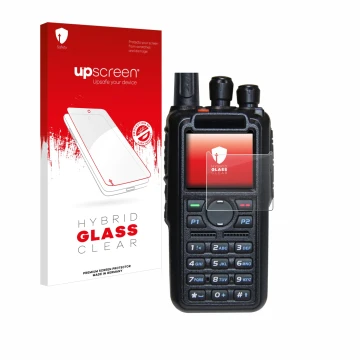 Parte frontal de un envase de producto con el logotipo de la marca upscreen. Al lado se muestra el dispositivo AnyTone AT-D878