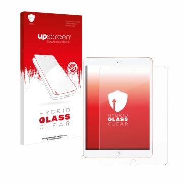 Parte frontal de un envase de producto con el logotipo de la marca upscreen. Al lado se muestra el dispositivo Apple iPad 10.2