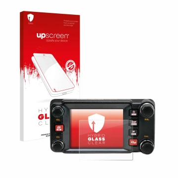 Parte frontal de un envase de producto con el logotipo de la marca upscreen. Al lado se muestra el dispositivo Yaesu FTM-400XD