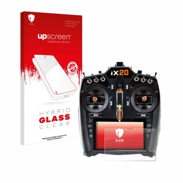 Parte frontal de un envase de producto con el logotipo de la marca upscreen. Al lado se muestra el dispositivo Spektrum iX20 c