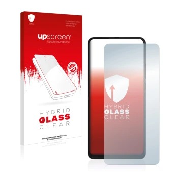 Parte frontal de un envase de producto con el logotipo de la marca upscreen. Al lado se muestra el dispositivo Motorola One Hy