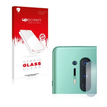 Parte frontal de un envase de producto con el logotipo de la marca upscreen. Al lado se muestra el dispositivo OnePlus 8 Pro (