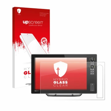 Parte frontal de un envase de producto con el logotipo de la marca upscreen. Al lado se muestra el dispositivo Humminbird Soli