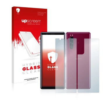 Parte frontal de un envase de producto con el logotipo de la marca upscreen. Al lado se muestra el dispositivo Sony Xperia 5 (