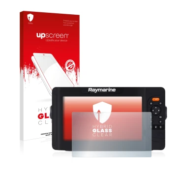 Parte frontal de un envase de producto con el logotipo de la marca upscreen. Al lado se muestra el dispositivo Raymarine Eleme