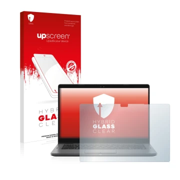 Parte frontal de un envase de producto con el logotipo de la marca upscreen. Al lado se muestra el dispositivo Dell Latitude 5