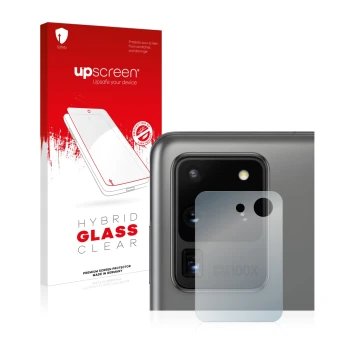 Parte frontal de un envase de producto con el logotipo de la marca upscreen. Al lado se muestra el dispositivo Samsung Galaxy 