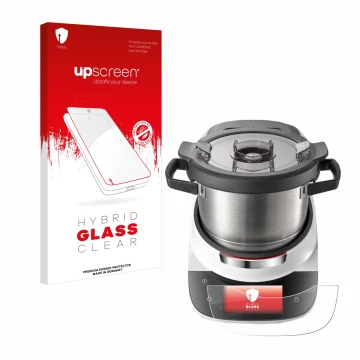Parte frontal de un envase de producto con el logotipo de la marca upscreen. Al lado se muestra el dispositivo Bosch Cookit co