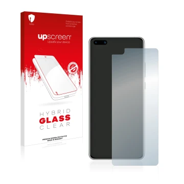 Parte frontal de un envase de producto con el logotipo de la marca upscreen. Al lado se muestra el dispositivo Huawei P40 con 
