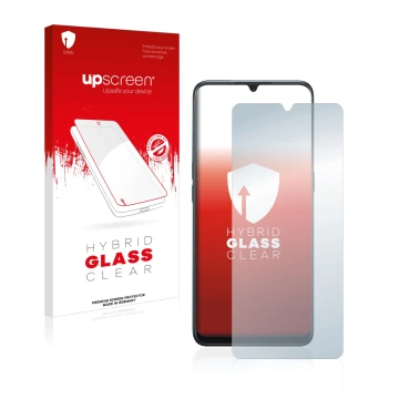 Parte frontal de un envase de producto con el logotipo de la marca upscreen. Al lado se muestra el dispositivo Oppo A91 con su