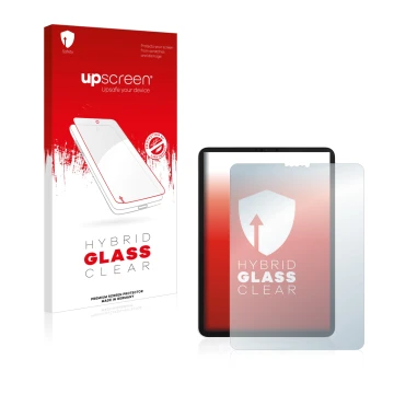 Parte frontal de un envase de producto con el logotipo de la marca upscreen. Al lado se muestra el dispositivo Apple iPad Pro 