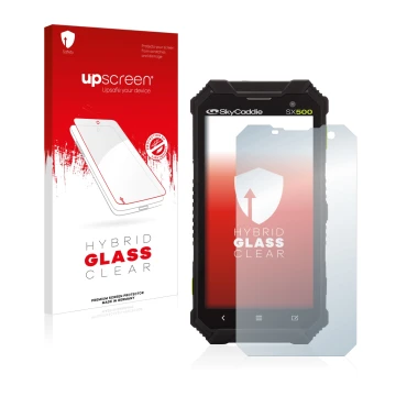Parte frontal de un envase de producto con el logotipo de la marca upscreen. Al lado se muestra el dispositivo SkyCaddie SX500