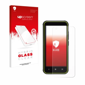 Parte frontal de un envase de producto con el logotipo de la marca upscreen. Al lado se muestra el dispositivo SkyCaddie SX400