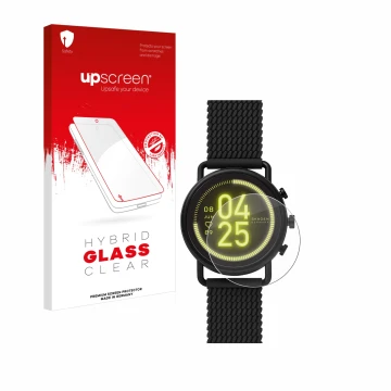 Parte frontal de un envase de producto con el logotipo de la marca upscreen. Al lado se muestra el dispositivo Skagen Smartwat