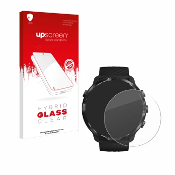 Parte frontal de un envase de producto con el logotipo de la marca upscreen. Al lado se muestra el dispositivo Suunto 7 con su