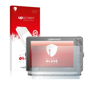 Parte frontal de un envase de producto con el logotipo de la marca upscreen. Al lado se muestra el dispositivo Lowrance HDS Li