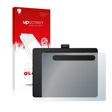 Parte frontal de un envase de producto con el logotipo de la marca upscreen. Al lado se muestra el dispositivo Wacom Intuos M 